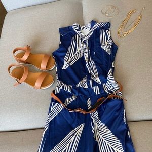 Blue and White Sleeveless Body Suit
